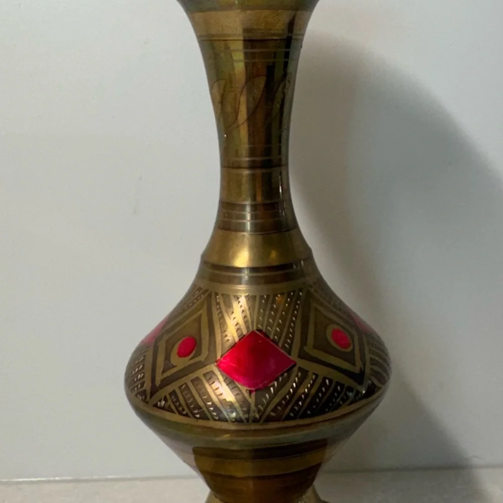 Brass Decorative Vase with Red Inlay - Home Accents